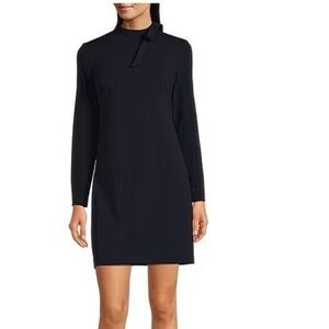 Calvin Klein Scuba Crepe Long Slv Mock Neck Bow Sheath Dress Sz 14 Indigo Navy